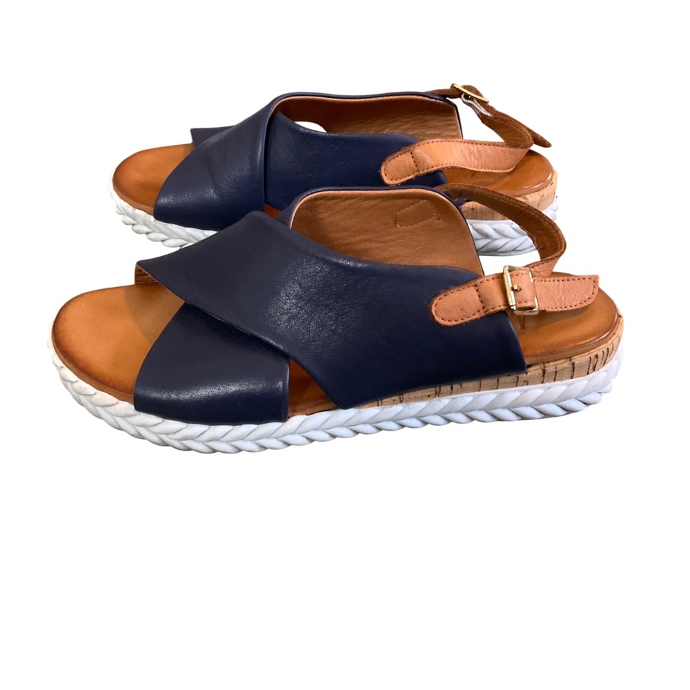 Anesha Sandals Women 39 Navy Blue Leather Crossover Slingback Braided Platform